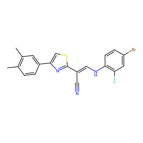(2E)-3-[(4-bromo-2-fluorophenyl)amino]-2-[4-(3,4-dimethylphenyl)-1,3-thiazol-2-yl]prop-2-enenitrile structure