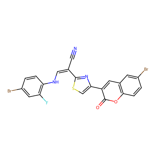 (Z)-3-((4-bromo-2-fluorophenyl)amino)-2-(4-(6-bromo-2-oxo-2H-chromen-3-yl)thiazol-2-yl)acrylonitrile structure