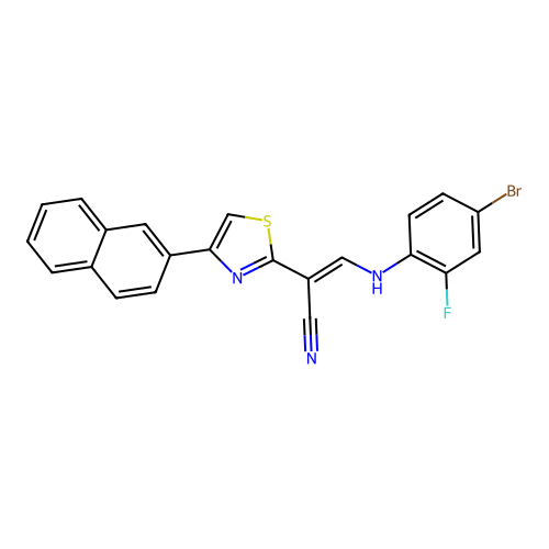 (2E)-3-[(4-bromo-2-fluorophenyl)amino]-2-[4-(naphthalen-2-yl)-1,3-thiazol-2-yl]prop-2-enenitrile structure