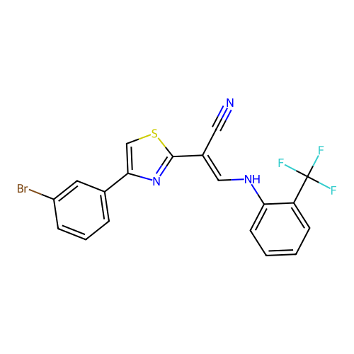 (E)-2-(4-(3-bromophenyl)thiazol-2-yl)-3-((2-(trifluoromethyl)phenyl)amino)acrylonitrile structure
