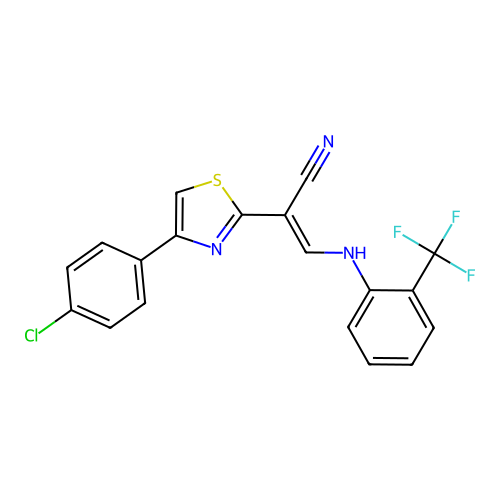 (E)-2-(4-(4-chlorophenyl)thiazol-2-yl)-3-((2-(trifluoromethyl)phenyl)amino)acrylonitrile structure