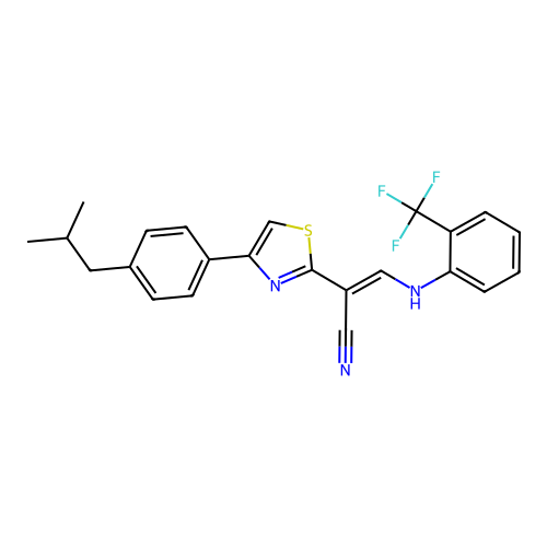 (E)-2-(4-(4-isobutylphenyl)thiazol-2-yl)-3-((2-(trifluoromethyl)phenyl)amino)acrylonitrile structure