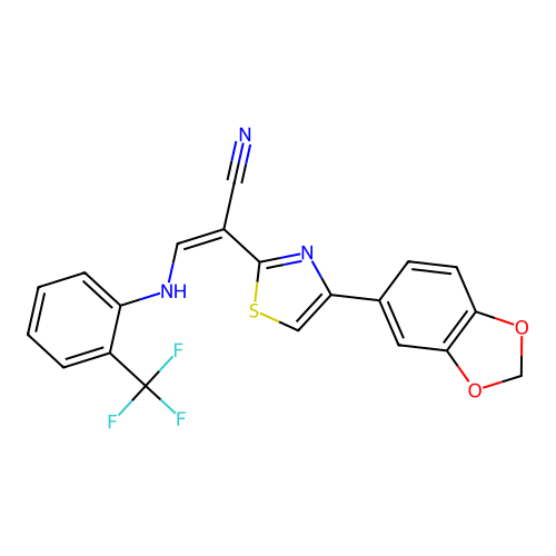 (Z)-2-(4-(benzo[d][1,3]dioxol-5-yl)thiazol-2-yl)-3-((2-(trifluoromethyl)phenyl)amino)acrylonitrile structure