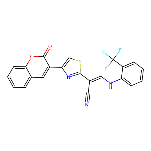 (2E)-2-[4-(2-oxo-2H-chromen-3-yl)-1,3-thiazol-2-yl]-3-{[2-(trifluoromethyl)phenyl]amino}prop-2-enenitrile structure