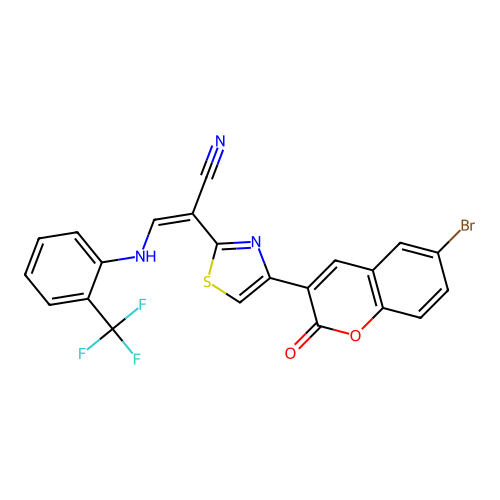 (2Z)-2-[4-(6-bromo-2-oxo-2H-chromen-3-yl)-1,3-thiazol-2-yl]-3-{[2-(trifluoromethyl)phenyl]amino}prop-2-enenitrile structure
