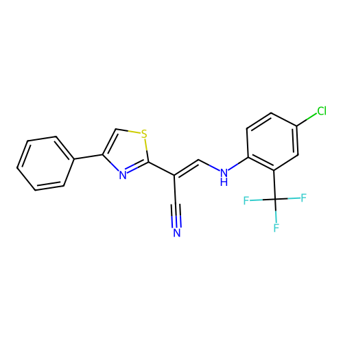 (E)-3-((4-chloro-2-(trifluoromethyl)phenyl)amino)-2-(4-phenylthiazol-2-yl)acrylonitrile structure