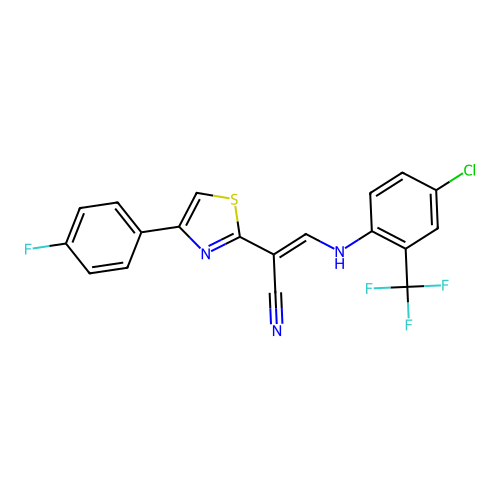 (2E)-3-{[4-chloro-2-(trifluoromethyl)phenyl]amino}-2-[4-(4-fluorophenyl)-1,3-thiazol-2-yl]prop-2-enenitrile structure