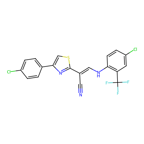 (E)-2-[4-(4-chlorophenyl)-1,3-thiazol-2-yl]-3-[4-chloro-2-(trifluoromethyl)anilino]prop-2-enenitrile structure
