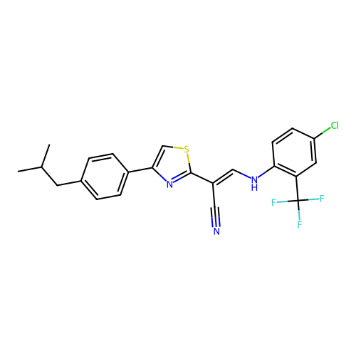 (2E)-3-{[4-chloro-2-(trifluoromethyl)phenyl]amino}-2-{4-[4-(2-methylpropyl)phenyl]-1,3-thiazol-2-yl}prop-2-enenitrile structure