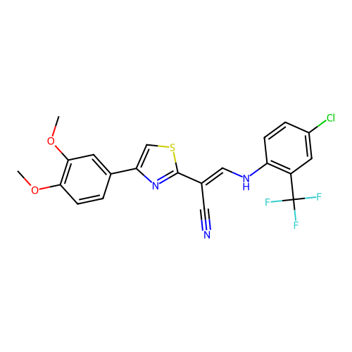 (2E)-3-{[4-chloro-2-(trifluoromethyl)phenyl]amino}-2-[4-(3,4-dimethoxyphenyl)-1,3-thiazol-2-yl]prop-2-enenitrile structure