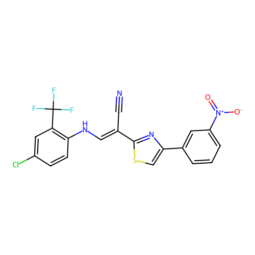 (2E)-3-{[4-chloro-2-(trifluoromethyl)phenyl]amino}-2-[4-(3-nitrophenyl)-1,3-thiazol-2-yl]prop-2-enenitrile structure