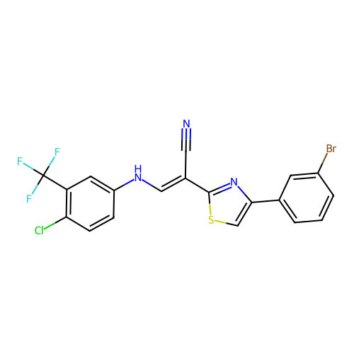 (E)-2-(4-(3-bromophenyl)thiazol-2-yl)-3-((4-chloro-3-(trifluoromethyl)phenyl)amino)acrylonitrile structure