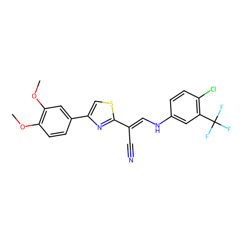 (E)-3-((4-chloro-3-(trifluoromethyl)phenyl)amino)-2-(4-(3,4-dimethoxyphenyl)thiazol-2-yl)acrylonitrile structure