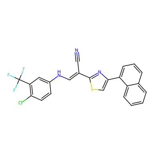 (2E)-3-{[4-chloro-3-(trifluoromethyl)phenyl]amino}-2-[4-(naphthalen-1-yl)-1,3-thiazol-2-yl]prop-2-enenitrile structure