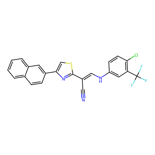 (E)-3-((4-chloro-3-(trifluoromethyl)phenyl)amino)-2-(4-(naphthalen-2-yl)thiazol-2-yl)acrylonitrile structure