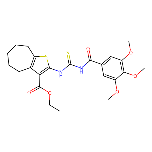 ethyl 2-({[(3,4,5-trimethoxyphenyl)carbonyl]carbamothioyl}amino)-5,6,7,8-tetrahydro-4H-cyclohepta[b]thiophene-3-carboxylate structure