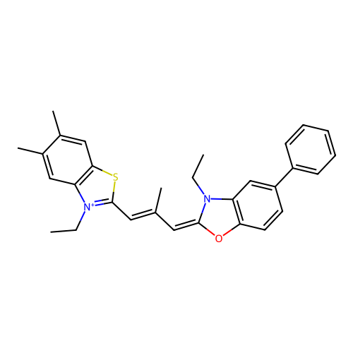 (2E)-3-ethyl-2-[(E)-3-(3-ethyl-5,6-dimethyl-1,3-benzothiazol-3-ium-2-yl)-2-methylprop-2-enylidene]-5-phenyl-1,3-benzoxazole structure