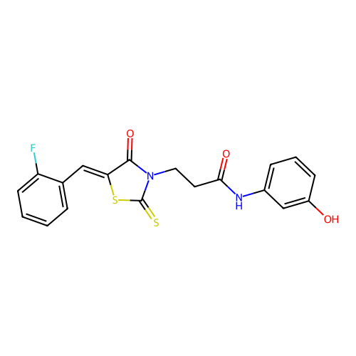 3-[(5Z)-5-[(2-fluorophenyl)methylidene]-4-oxo-2-sulfanylidene-1,3-thiazolidin-3-yl]-N-(3-hydroxyphenyl)propanamide structure