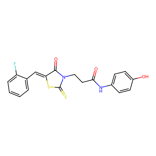 3-[(5Z)-5-[(2-fluorophenyl)methylidene]-4-oxo-2-sulfanylidene-1,3-thiazolidin-3-yl]-N-(4-hydroxyphenyl)propanamide structure