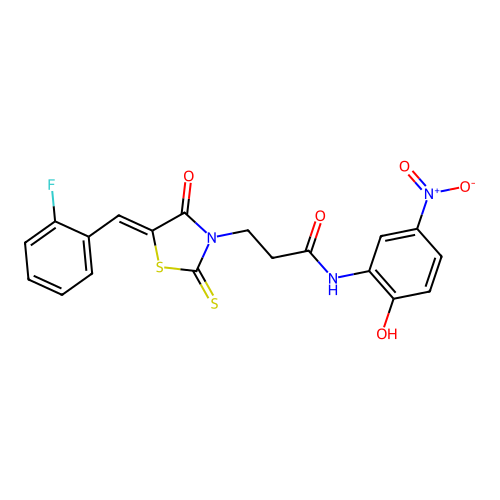 3-[(5Z)-5-[(2-fluorophenyl)methylidene]-4-oxo-2-sulfanylidene-1,3-thiazolidin-3-yl]-N-(2-hydroxy-5-nitrophenyl)propanamide structure