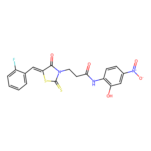 3-[(5Z)-5-[(2-fluorophenyl)methylidene]-4-oxo-2-sulfanylidene-1,3-thiazolidin-3-yl]-N-(2-hydroxy-4-nitrophenyl)propanamide structure