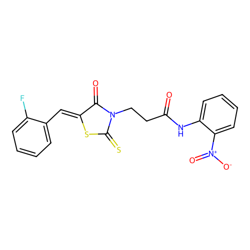 3-[(5Z)-5-[(2-fluorophenyl)methylidene]-4-oxo-2-sulfanylidene-1,3-thiazolidin-3-yl]-N-(2-nitrophenyl)propanamide structure