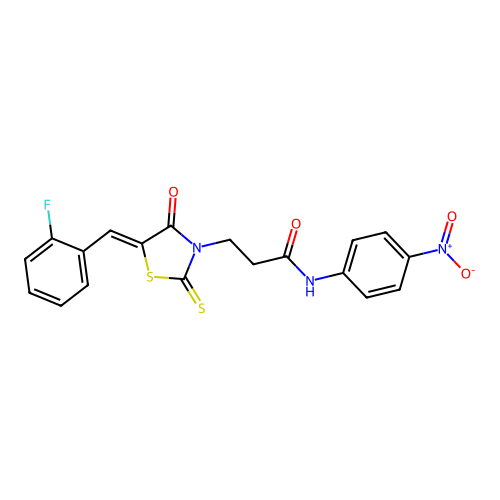 3-[(5Z)-5-[(2-fluorophenyl)methylidene]-4-oxo-2-sulfanylidene-1,3-thiazolidin-3-yl]-N-(4-nitrophenyl)propanamide structure