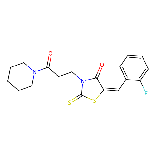 (5E)-5-[(2-FLUOROPHENYL)METHYLIDENE]-3-[3-OXO-3-(PIPERIDIN-1-YL)PROPYL]-2-SULFANYLIDENE-1,3-THIAZOLIDIN-4-ONE structure