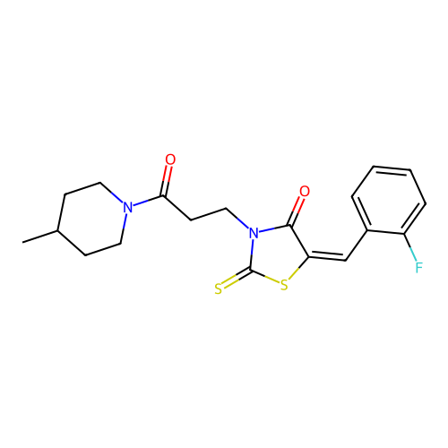 (5E)-5-[(2-fluorophenyl)methylidene]-3-[3-(4-methylpiperidin-1-yl)-3-oxopropyl]-2-sulfanylidene-1,3-thiazolidin-4-one structure