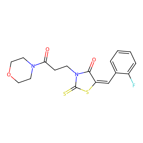 (5E)-5-[(2-FLUOROPHENYL)METHYLIDENE]-3-[3-(MORPHOLIN-4-YL)-3-OXOPROPYL]-2-SULFANYLIDENE-1,3-THIAZOLIDIN-4-ONE structure