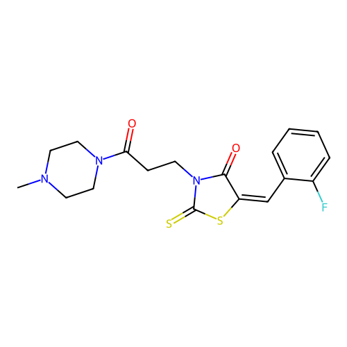(5E)-5-[(2-fluorophenyl)methylidene]-3-[3-(4-methylpiperazin-1-yl)-3-oxopropyl]-2-sulfanylidene-1,3-thiazolidin-4-one structure