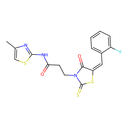 3-[(5E)-5-[(2-fluorophenyl)methylidene]-4-oxo-2-sulfanylidene-1,3-thiazolidin-3-yl]-N-(4-methyl-1,3-thiazol-2-yl)propanamide structure