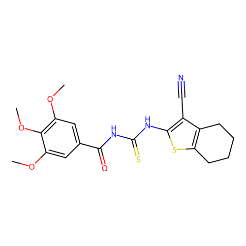 N-[(3-cyano-4,5,6,7-tetrahydro-1-benzothiophen-2-yl)carbamothioyl]-3,4,5-trimethoxybenzamide structure