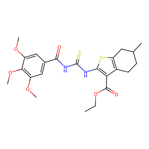 ethyl 6-methyl-2-({[(3,4,5-trimethoxyphenyl)carbonyl]carbamothioyl}amino)-4,5,6,7-tetrahydro-1-benzothiophene-3-carboxylate structure