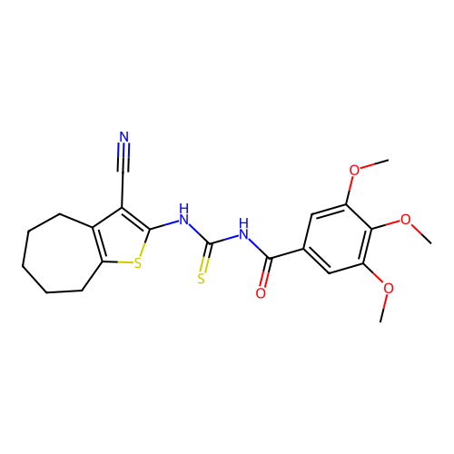 N-[(3-cyano-5,6,7,8-tetrahydro-4H-cyclohepta[b]thiophen-2-yl)carbamothioyl]-3,4,5-trimethoxybenzamide structure
