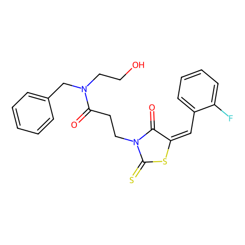 N-benzyl-3-[(5E)-5-[(2-fluorophenyl)methylidene]-4-oxo-2-sulfanylidene-1,3-thiazolidin-3-yl]-N-(2-hydroxyethyl)propanamide structure