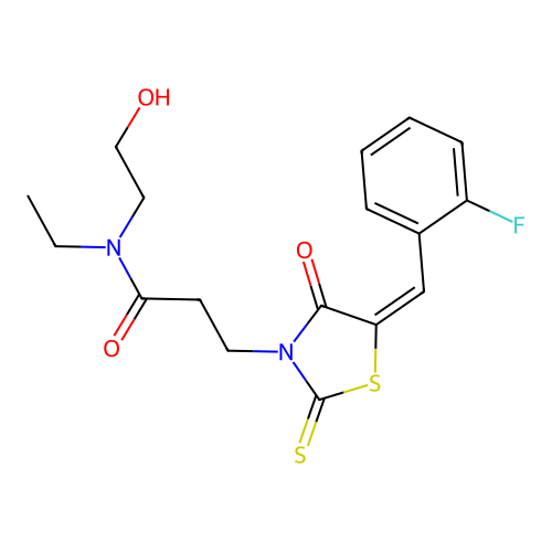 N-ethyl-3-[(5E)-5-[(2-fluorophenyl)methylidene]-4-oxo-2-sulfanylidene-1,3-thiazolidin-3-yl]-N-(2-hydroxyethyl)propanamide structure