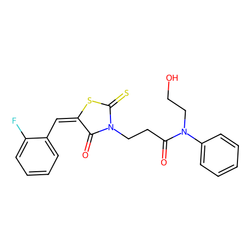 3-[(5E)-5-[(2-fluorophenyl)methylidene]-4-oxo-2-sulfanylidene-1,3-thiazolidin-3-yl]-N-(2-hydroxyethyl)-N-phenylpropanamide structure