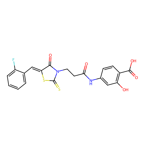 4-({3-[(5Z)-5-(2-fluorobenzylidene)-4-oxo-2-thioxo-1,3-thiazolidin-3-yl]propanoyl}amino)-2-hydroxybenzoic acid structure