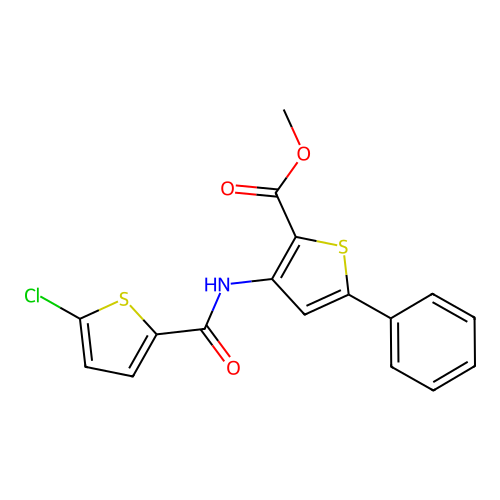 Methyl 3-(5-chlorothiophene-2-carboxamido)-5-phenylthiophene-2-carboxylate structure
