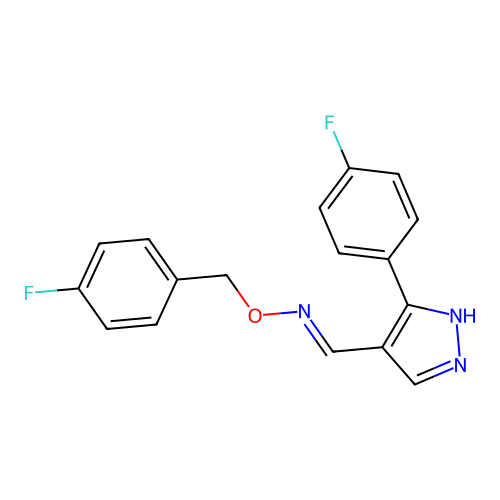 N-[(4-fluorophenyl)methoxy]-1-[5-(4-fluorophenyl)-1H-pyrazol-4-yl]methanimine structure