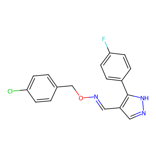 N-[(4-chlorophenyl)methoxy]-1-[5-(4-fluorophenyl)-1H-pyrazol-4-yl]methanimine structure