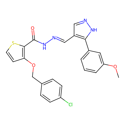 3-[(4-chlorobenzyl)oxy]-N'-{(E)-[3-(3-methoxyphenyl)-1H-pyrazol-4-yl]methylidene}-2-thiophenecarbohydrazide structure