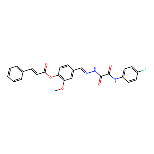 4-((2-(2-((4-Fluorophenyl)amino)-2-oxoacetyl)hydrazono)methyl)-2-methoxyphenyl cinnamate structure