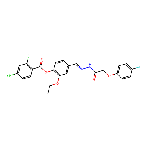 2-ethoxy-4-((E)-{[(4-fluorophenoxy)acetyl]hydrazono}methyl)phenyl 2,4-dichlorobenzoate structure