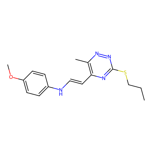4-Methoxy-N-(2-(6-methyl-3-(propylsulfanyl)-1,2,4-triazin-5-yl)vinyl)aniline structure