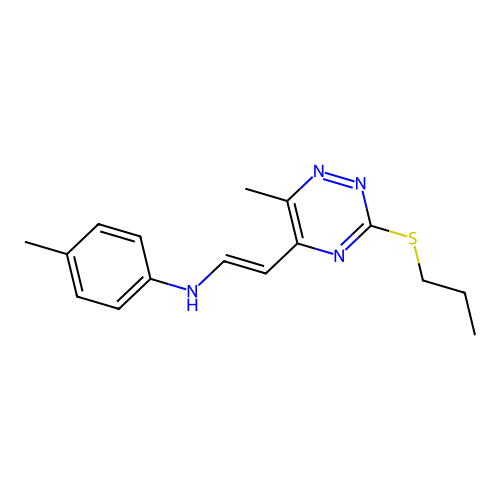 4-Methyl-N-(2-(6-methyl-3-(propylsulfanyl)-1,2,4-triazin-5-yl)vinyl)aniline structure