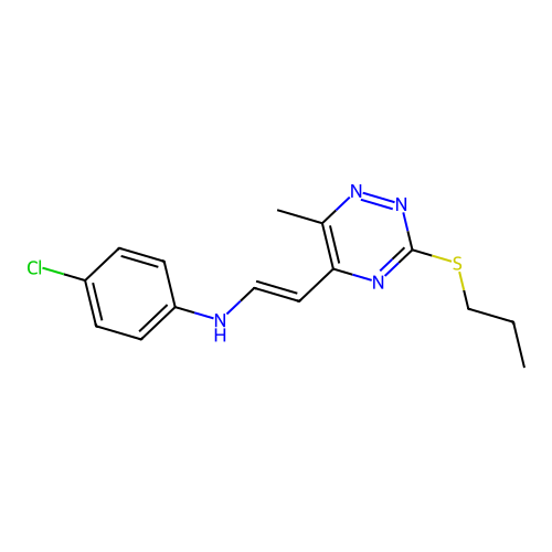 4-Chloro-N-(2-(6-methyl-3-(propylsulfanyl)-1,2,4-triazin-5-yl)vinyl)aniline structure