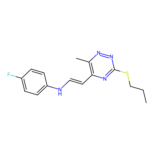 N-(4-fluorophenyl)-N-{2-[6-methyl-3-(propylsulfanyl)-1,2,4-triazin-5-yl]vinyl}amine structure