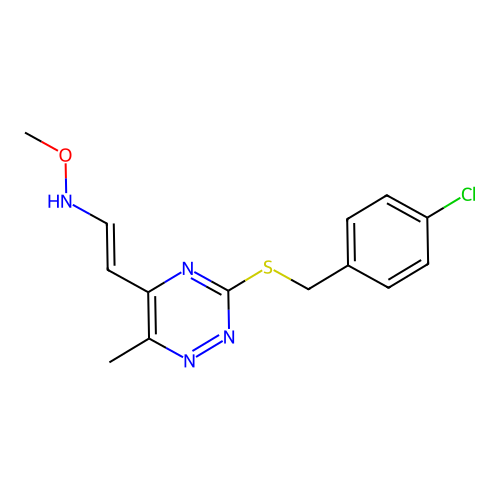 3-((4-Chlorobenzyl)sulfanyl)-5-(2-(methoxyamino)vinyl)-6-methyl-1,2,4-triazine structure